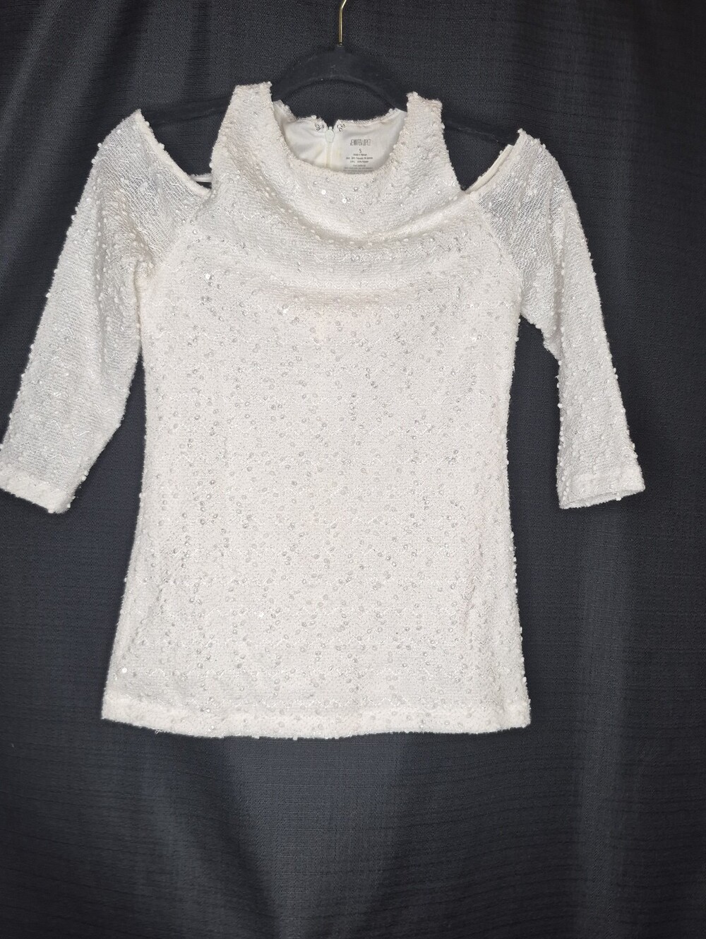Jennifer Lopez Ivory Sequin Cold-Shoulder Long Sleeve Top